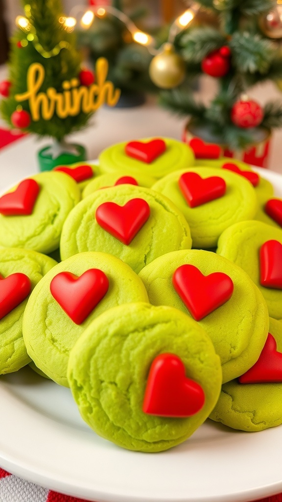 A festive plate of Grinch-themed Christmas cookies with red candy hearts on a holiday table.